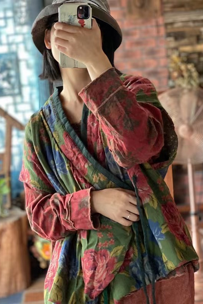 -red and Green Loose Padded Lace-up Jacket