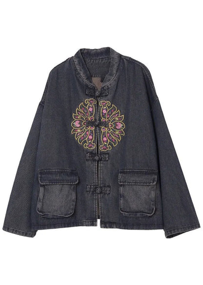 Black Button Embroidered Pockets Fall Denim Jackets