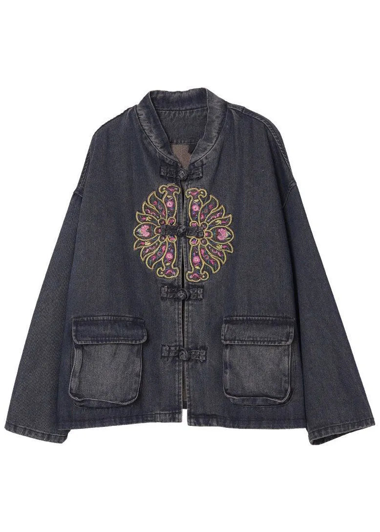 Black Button Embroidered Pockets Fall Denim Jackets