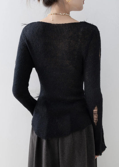 Black O Neck Tassel Knit Top Spring