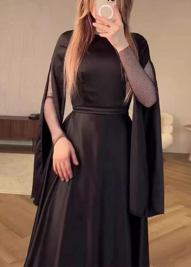 Black O Neck Patchwork Slim Fit Silk Dress Fall