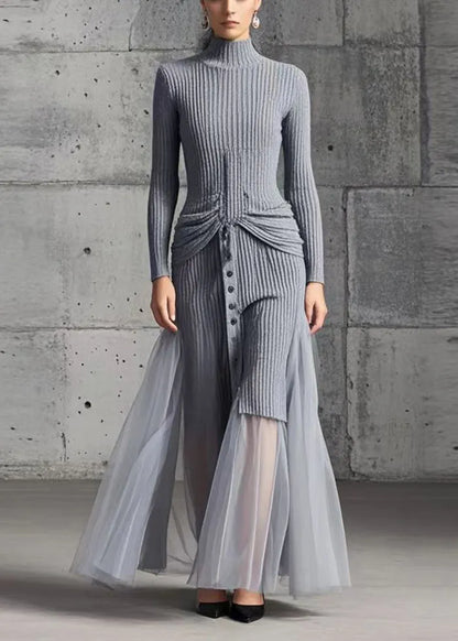 Diy Grey High Neck Patchwork Tulle Sweater Dress Winter