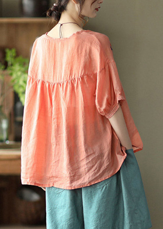 Orange O-neck Embroidered Linen Tops Half Sleeve