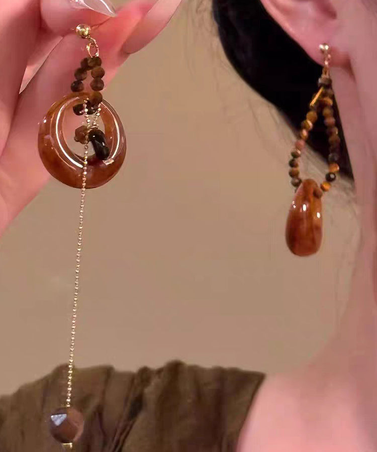 Brown Copper Overgild Asymmetrical Tiger's Eye Beading Tassel Drop Earrings