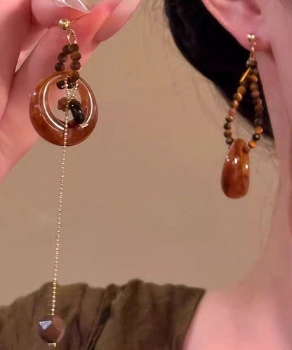 Brown Copper Overgild Asymmetrical Tiger's Eye Beading Tassel Drop Earrings