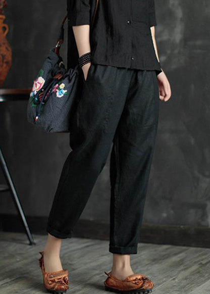 Retro Black Patchwork Pockets Linen Beam Pants Summer