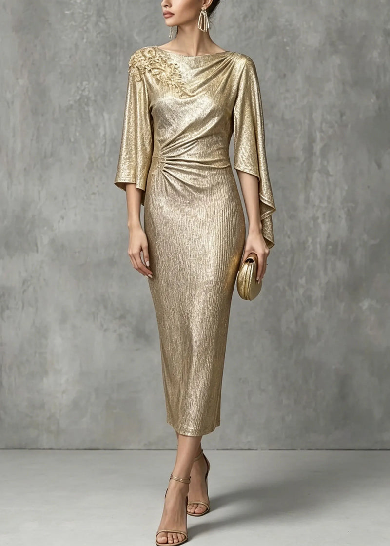 Champagne Asymmetrical Design Zircon Wrinkled Dress Summer