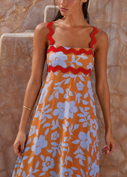 Orange Print High Waist Cotton Spaghetti Strap Dress Sleeveless