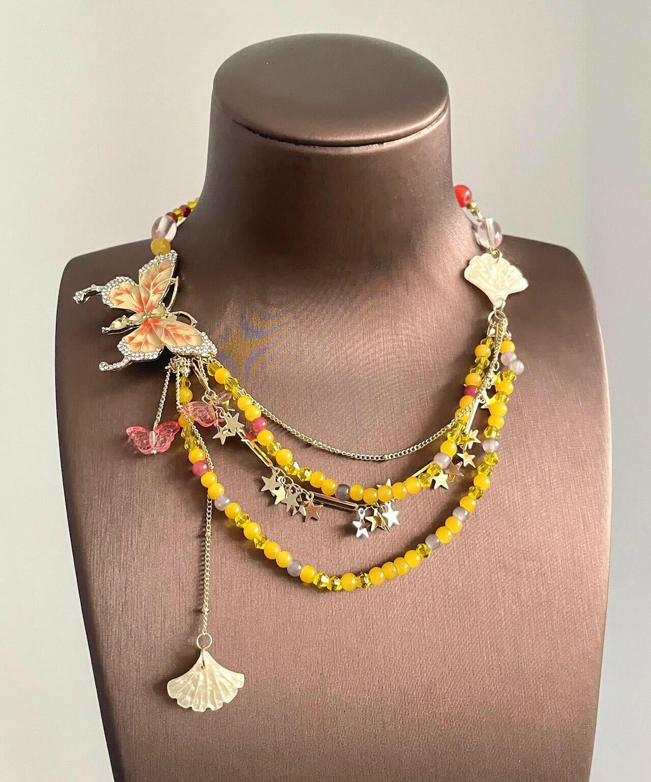 Yellow Alloy Zircon Beading Butterfly Star Pendant Necklace