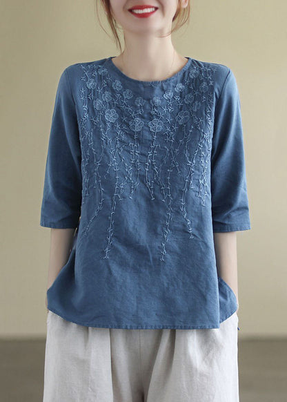 French Navy O-neck Embroidered Cotton Blouses Half Sleeve