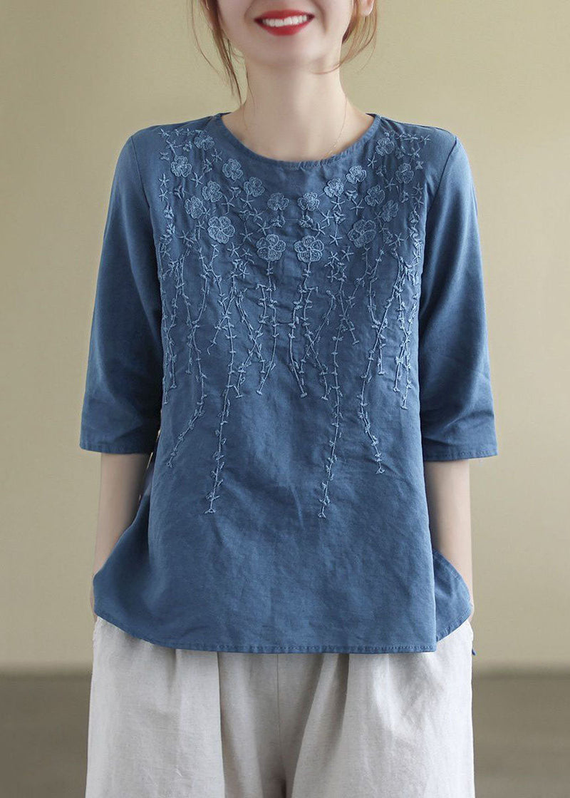 French Navy O-neck Embroidered Cotton Blouses Half Sleeve