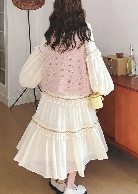 New Pink Hollow Out Knit Vest and Beige Ruffled Dress Two Pieces Set Fall