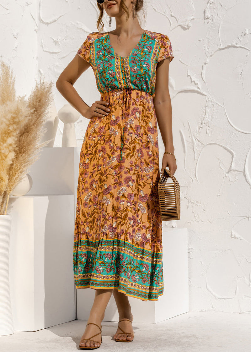 Blue V Neck Print Drawstring Cotton Long Dress Summer