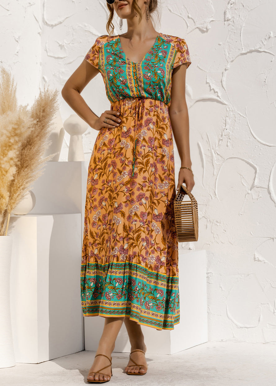 Blue V Neck Print Drawstring Cotton Long Dress Summer