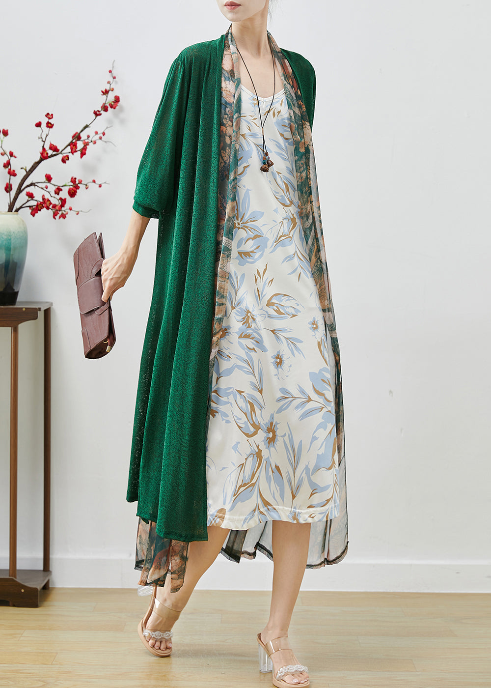 Green Oversized Patchwork Chiffon Loose Coat Fall