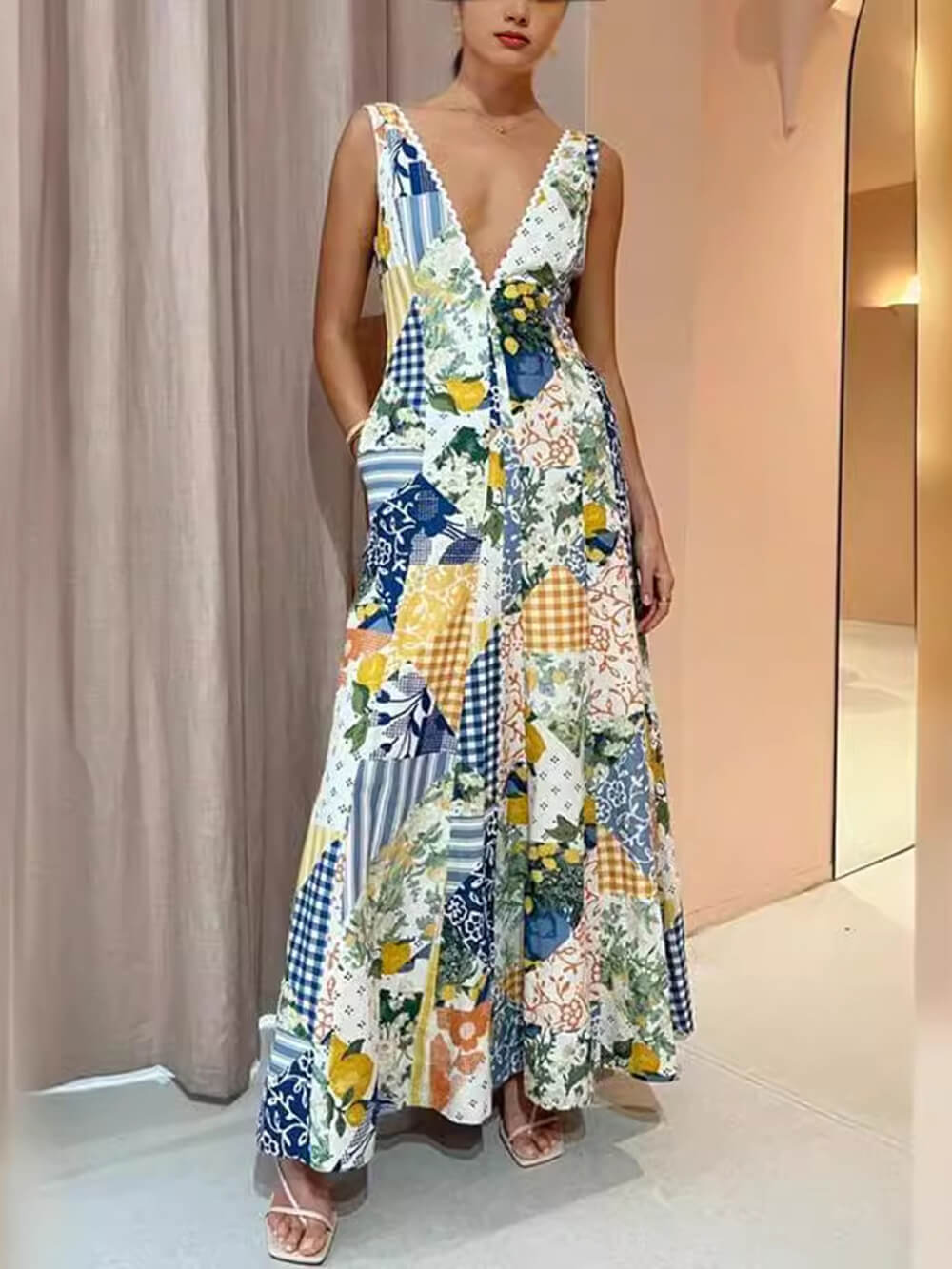 Sleeveless Printed Large V-neck Dress