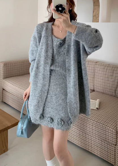 Classy Brown Decorated Knit Three Piece Set Clothing Fall