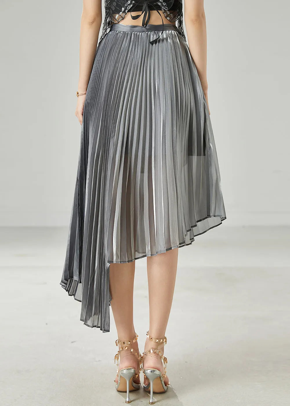 Grey Asymmetrical Design Chiffon Pleated Skirt Summer