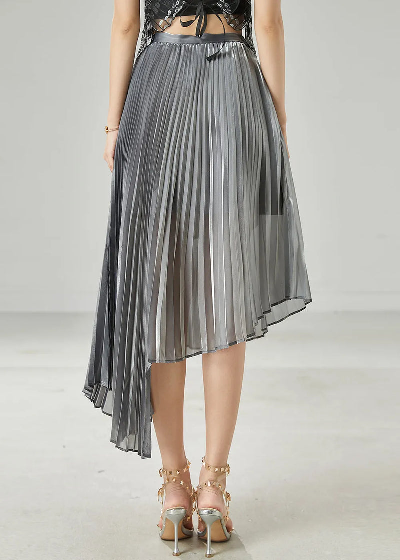 Grey Asymmetrical Design Chiffon Pleated Skirt Summer