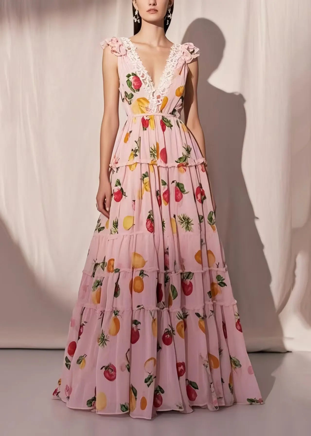 Organic Pink Fruit Print Exra Large Hem Chiffon Maxi Dresses Summer