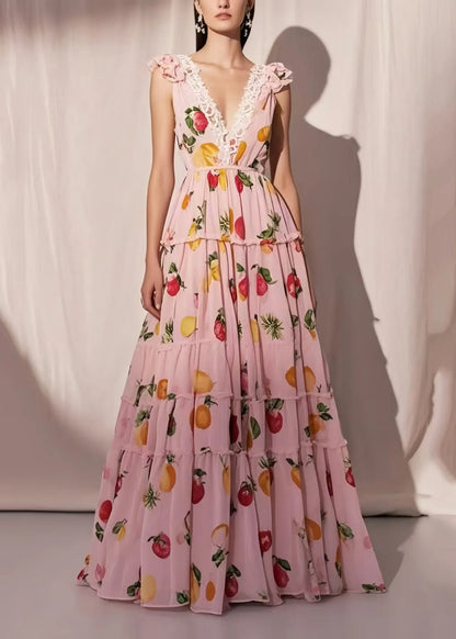 Organic Pink Fruit Print Exra Large Hem Chiffon Maxi Dresses Summer
