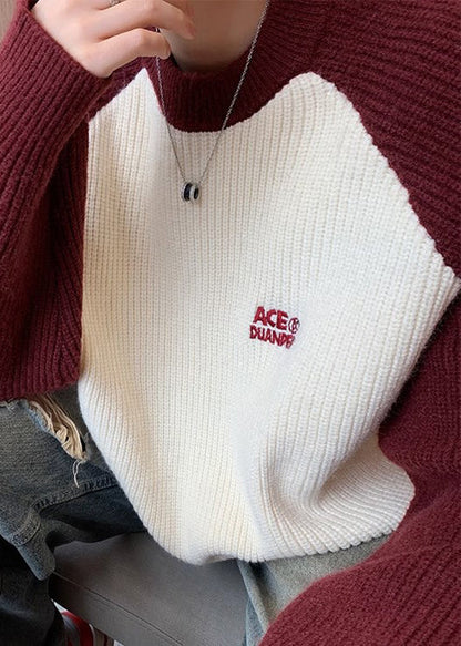 Loose Red Letter Patchwork Knit Sweater Winter