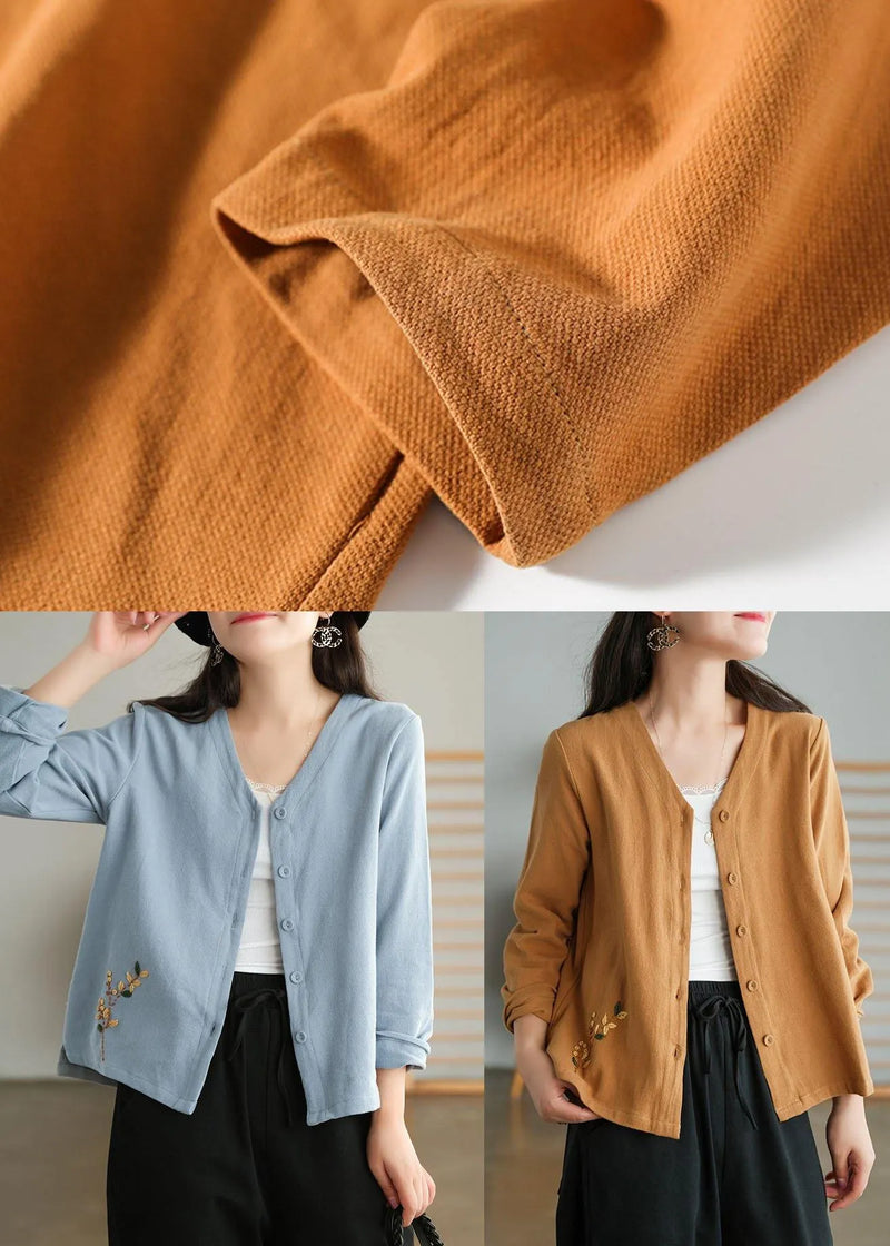 Unique Khaki Side Open Embroidered Fall Long Sleeve Shirt