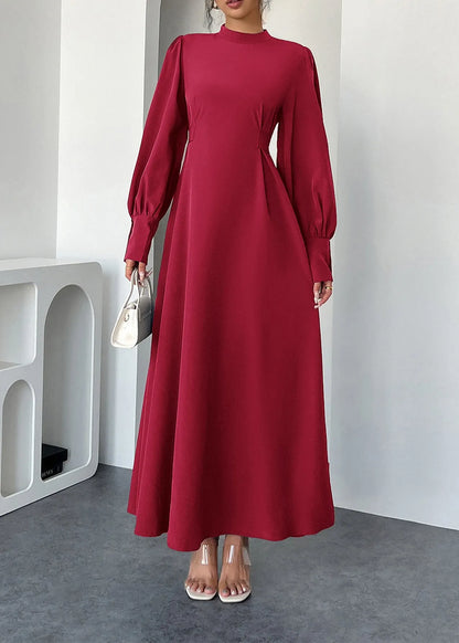 Red Hign Neck Cotton Maxi Dresses Lantern Sleeve