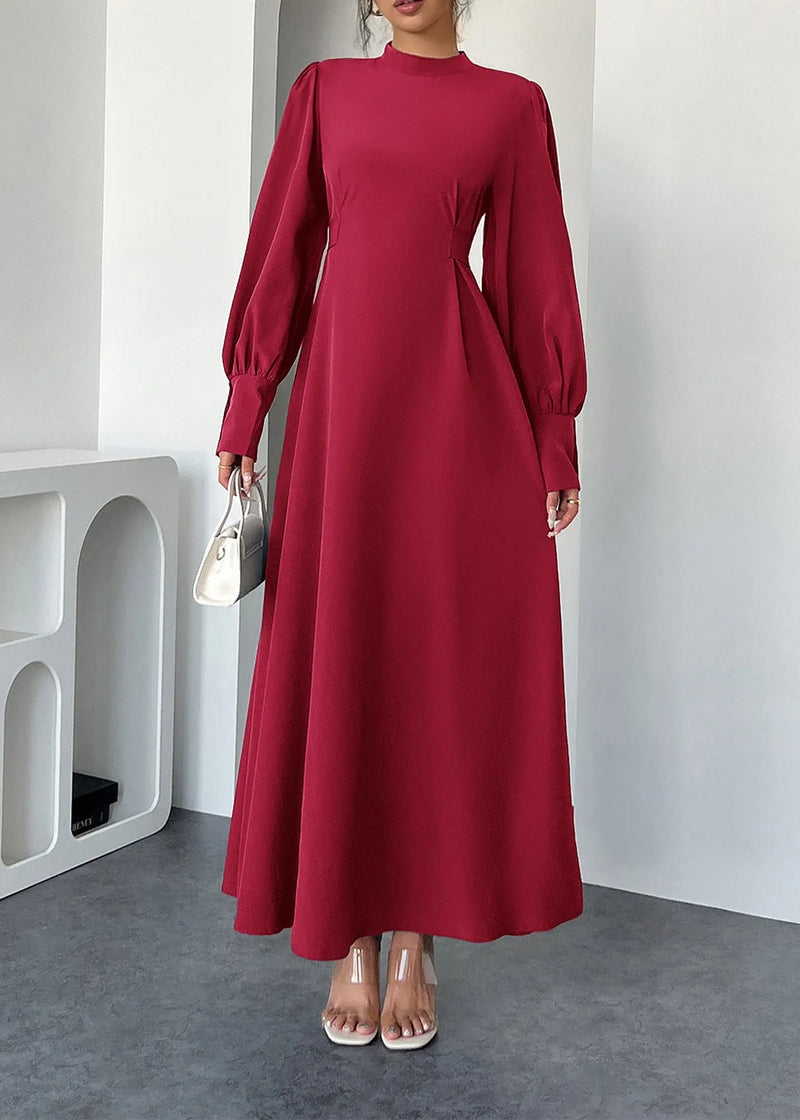 Red Hign Neck Cotton Maxi Dresses Lantern Sleeve