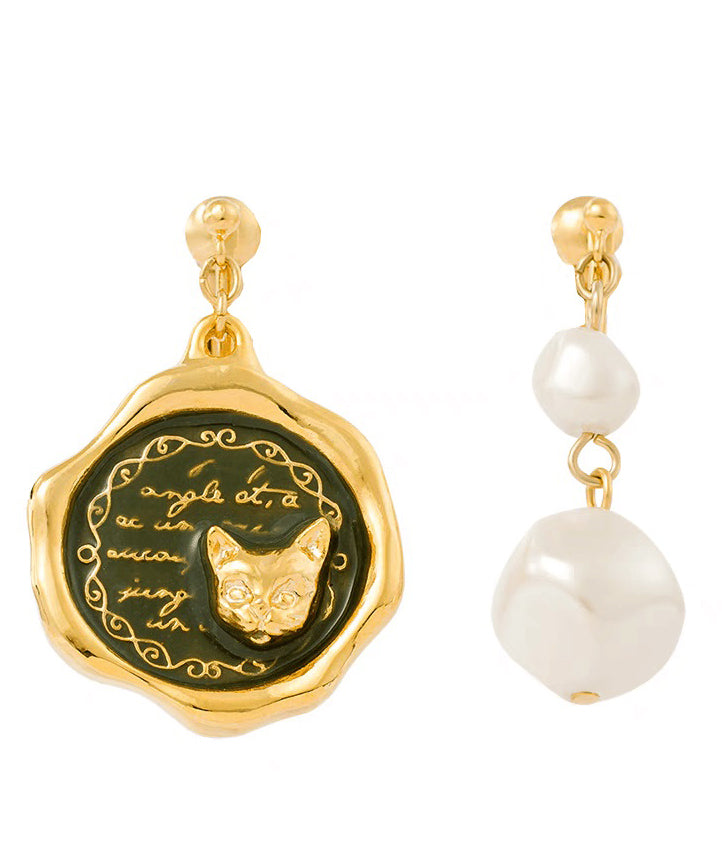 Sterling Silver Overgild Pearl Kitten Asymmetrical Drop Earrings