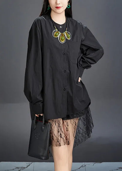 New Black O-neck Button Cotton Shirt Fall