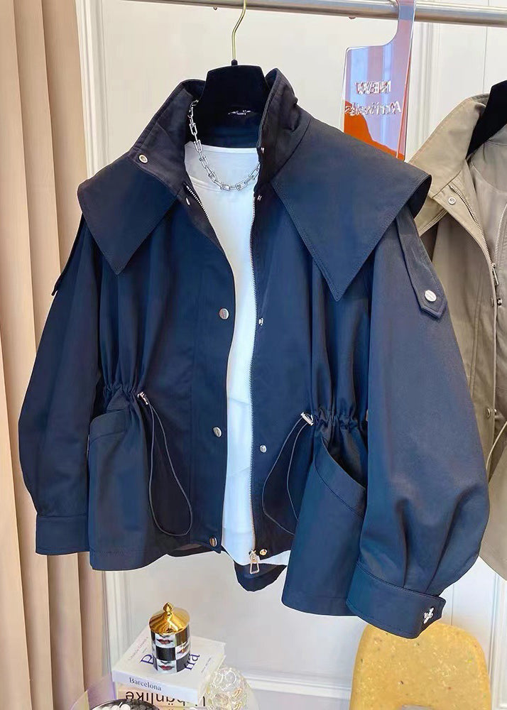 Black Pockets Drawstring Patchwork Cotton Short Coat Fall