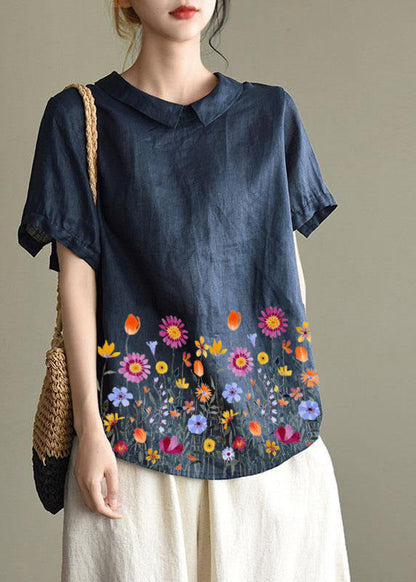 Simple Blue Hem Peter Pan Collar Patchwork Summer Linen Blouses
