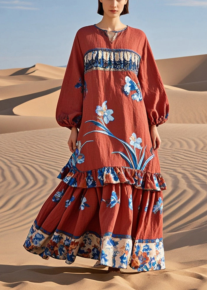 Red Ruffled Patchwork Print Cotton Holiday Dress Fall