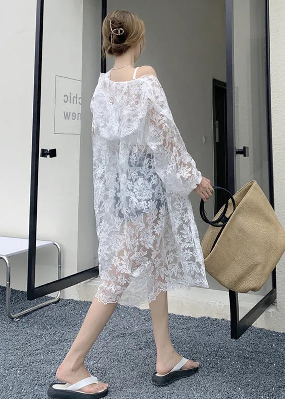 White Embroideried Hooded Tulle Cardigans Summer