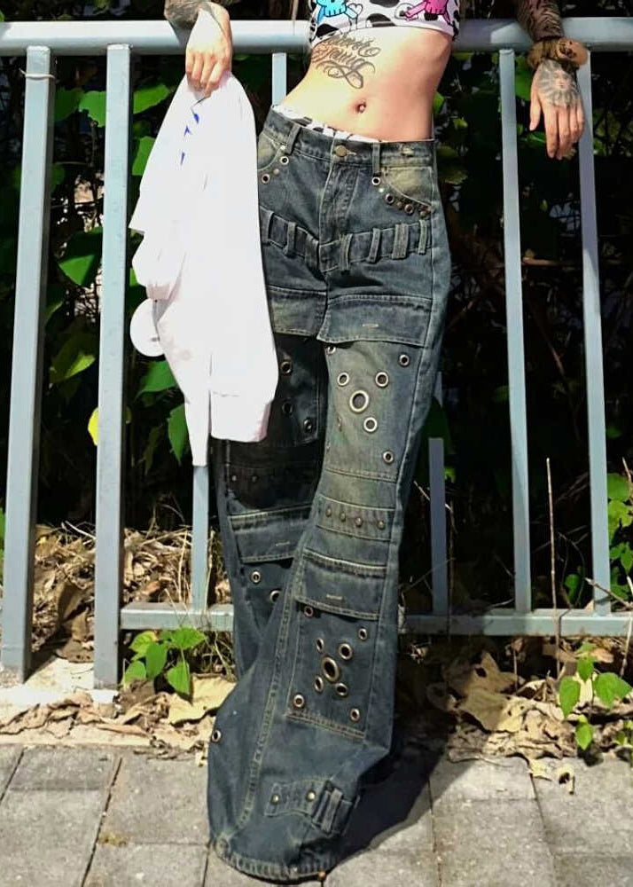 European and American Style Blue Rivet Denim Wide Leg Pants Fall