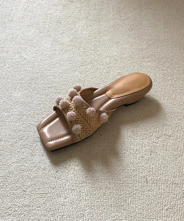 Apricot Fuzzy Ball Ddecorated Splicing Wedge Slide Sandals Peep Toe
