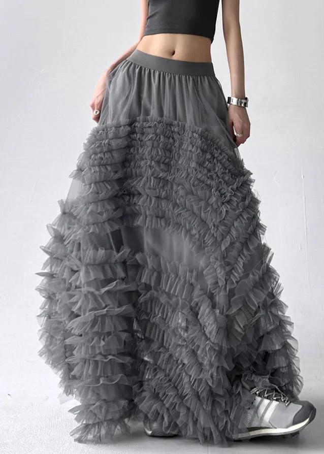 Art Grey Ruffled Elastic Waist Tulle Maxi Skirts Summer