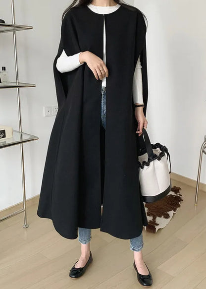 French Black O Neck Cozy Woolen Waistcoat Batwing Sleeve