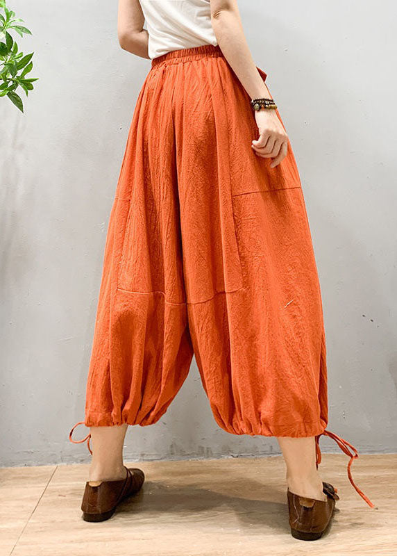 Orange Wrinkled Drawstring Patchwork Linen Lantern Pants Summer