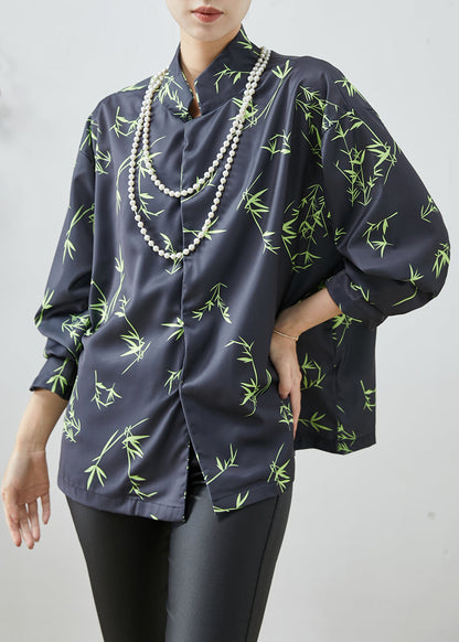 Black Oversized Bamboo Leaf Print Silk Shirt Spring