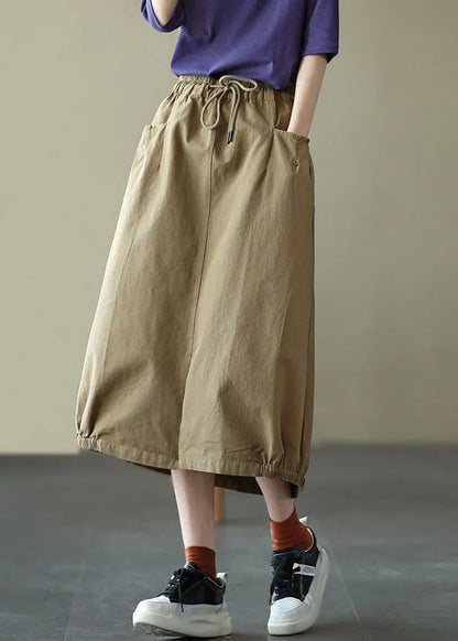 Light Green Elastic Waist Side Open Pockets Cotton Skirt Summer