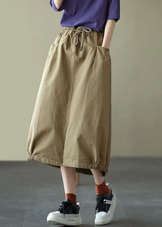 Light Green Elastic Waist Side Open Pockets Cotton Skirt Summer