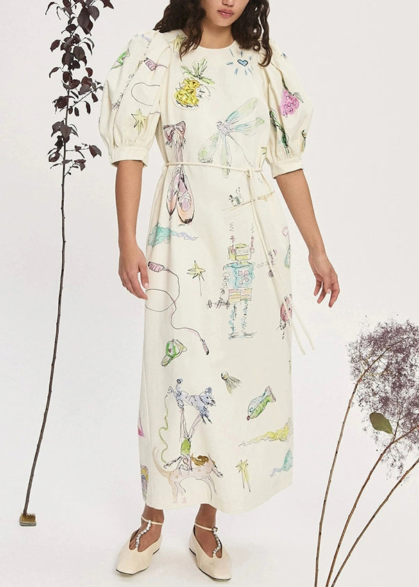 Apricot Print Lace Up Pockets Linen Long Dress Lantern Sleeve