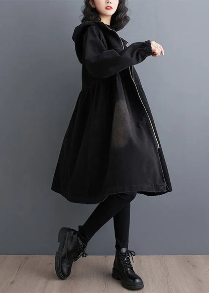 Black Peter Pan Collar Zippered Denim Long Trench Coats Fall