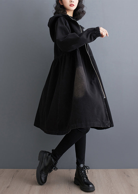 Black Peter Pan Collar Zippered Denim Long Trench Coats Fall