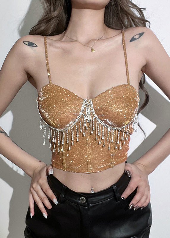 Khaki Straight Neck Rhinestone Tassel Short Strap