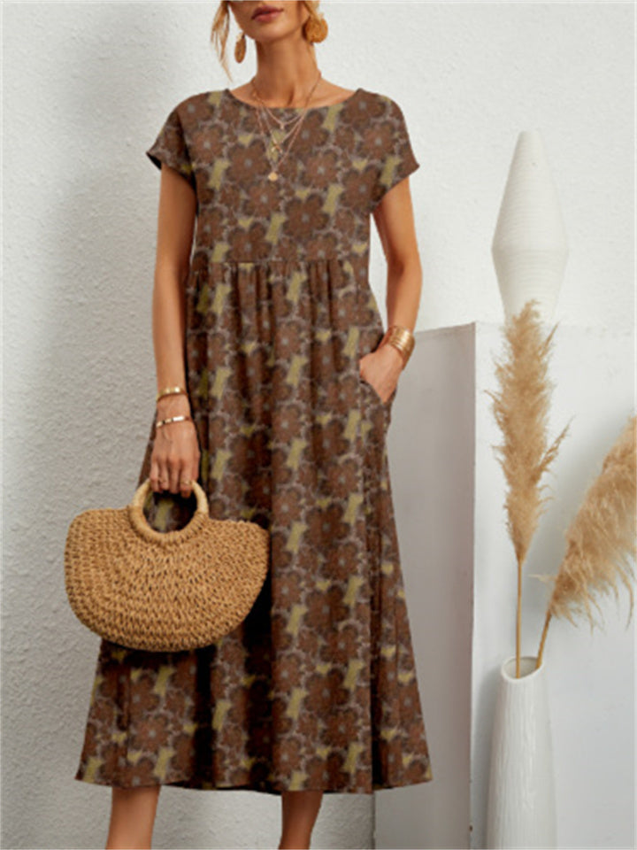 Round Neck Loose Cotton Linen Sleeveless Round Neck Print Dress