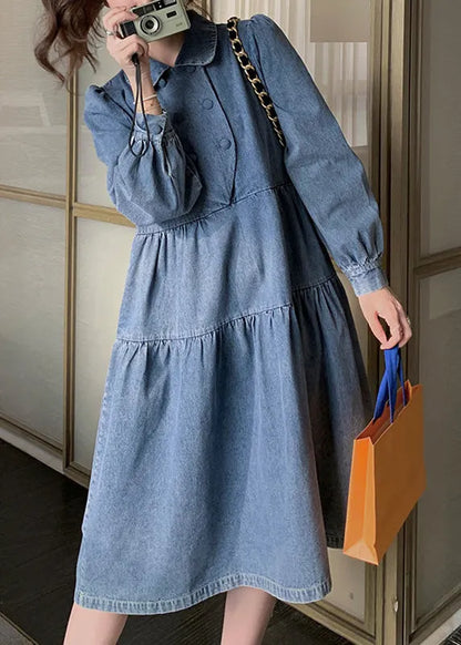 Denim Blue Wrinkled Patchwork Long Dress Spring