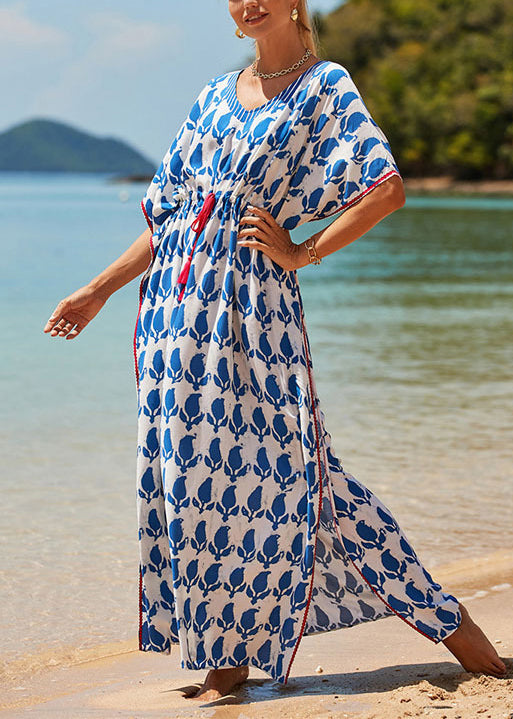 Blue O Neck Print Drawstring Side Open Cotton Dress Batwing Sleeve